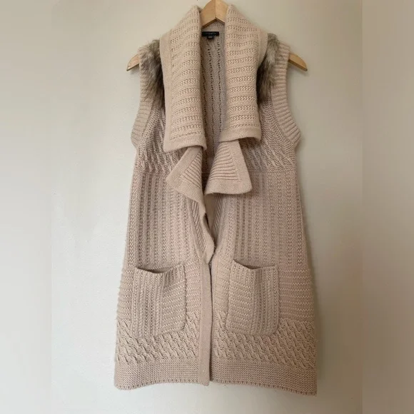 ANN TAYLOR Chunky Tan Fur Shoulder Long Oversized Sweater Vest Size XXS - Picture 5 of 12